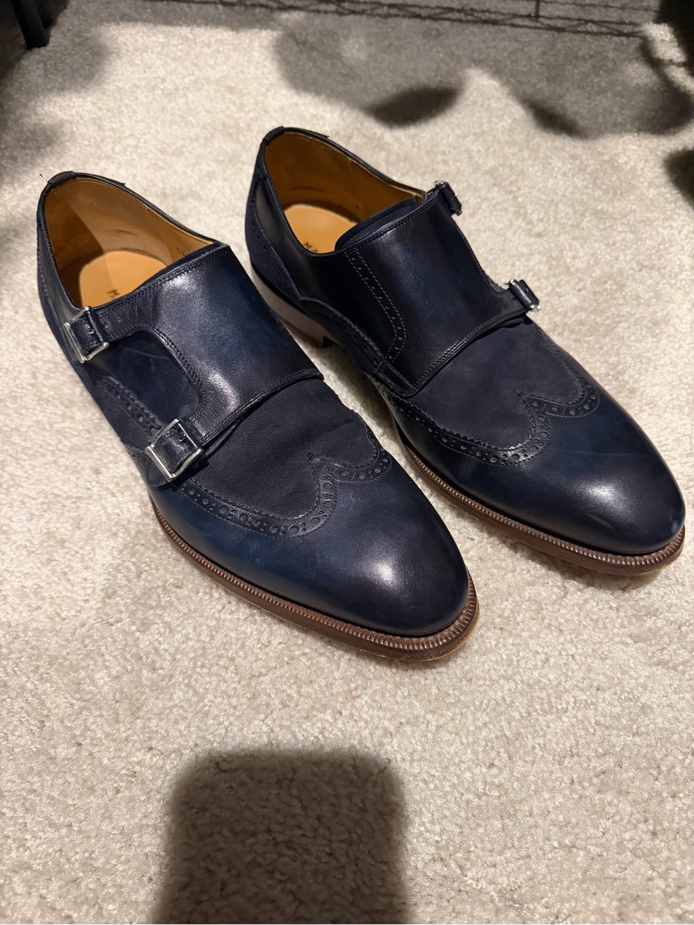 Magnanni Navy Double Monk Strap Brogue Leather Shoes